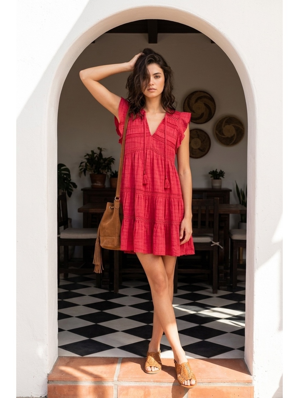 Knox Rose Red Cotton Tiered Mini Dress with Tassel Tie Size XS